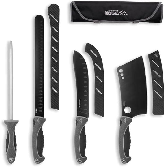 OUTDOOR EDGE ErgoMax Meat Carver Knife Set - Includes Cleaver, Brisket, Butcher & Honing Steel, Premium Titanium-Coated Steel Blades, Non-Slip Rubber Handles, Sharpening Rod