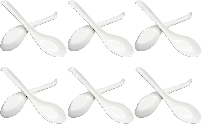 12 Pcs Soup Spoons Long Handle with Hook, White | Asian Soup Spoons, For Chinese Japanese Dishes, Miso Ramen Dumpling Pho, Rice Noodle & Soba Soup