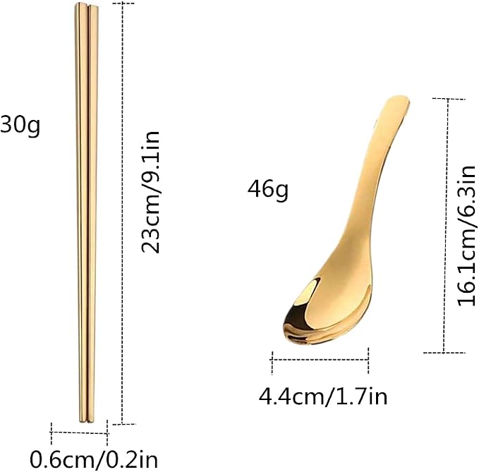 Chinese Metal Soup Spoons and Chopsticks Set for 4 People, Reusable Stainless Steel Ramen Short Handle Spoon Set Asian, Christmas Gift Dishwasher Safe (Gold)
