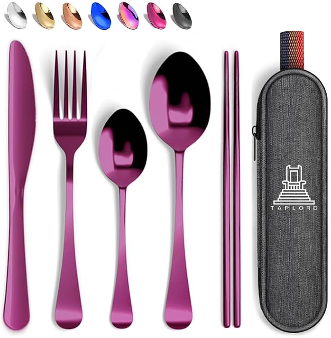 Taplord Portable Travel Silverware Set With Case, Includes 5 Pcs of Travel Utensils With Case, Stainless Steel Flatware Set For Camping, Easy to Travel, Lightweight (Purple), Medium, TL-05P
