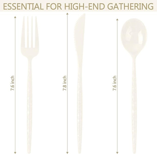 LIYH 150 Pcs Ivory Plastic Cutlery Sets - Ivory Plastic Silverware Heavyduty, Disposable Utensil Sets, 50 of Each Forks, Knives & Spoons Flatware Set for Party Birthday