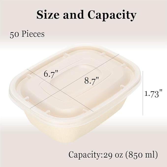 Aksipo 50 Pack 29 Oz Disposable Food Containers with Lids, Compostable Meal Prep Containers with Lids, Leak-proof To Go Food Box Cardboard Take Out Lunch Box Rectangle Paper Bowls for Salad,Leftovers