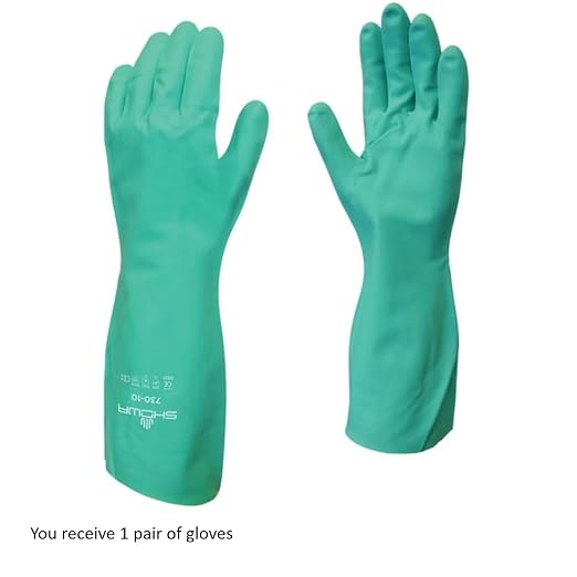 SHOWA 730 Chemical Resistant Gloves, 15-mil Nitrile with Cotton Flock Liner, 13-inch Extended Gauntlet, Bisque Grip, CE Cat III & Food Safe, Green, Large, 1 Pair