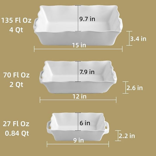 Sweejar Casserole Dishes for Oven, Ceramic Bakeware Set of 3, Rectangular Baking dish with Handles, Wave Edge Lasagna Pan Deep for Cooking, Cake, Dinner, Banquet and Daily Use (White)