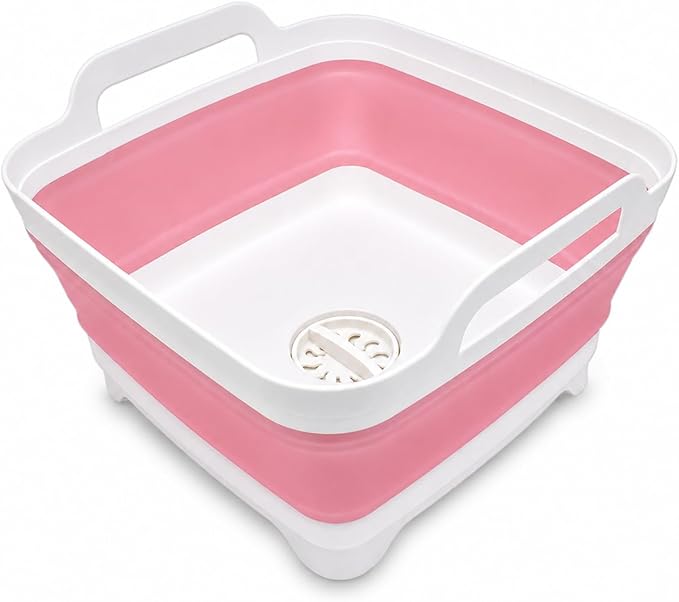 2.4 Gal(9L) Collapsible Dish Basin with Drain Plug, Space Saving Outdoor Multiuse Foldable Sink Tub, Dishpan, Kitchen Storage Tray for Camping, Vegetable Washing, RV (Pink)