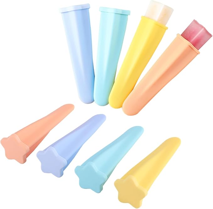 Silicone Ice Pop Molds Popsicles Molds, 8 PCS Reusable Hand Held Popsicles Makers for Kids, Multicolored Star Shaped Ice Pop Molds with Attached Lid for DIY Ice Cream Yogurt Sticks Jelly Chocolate