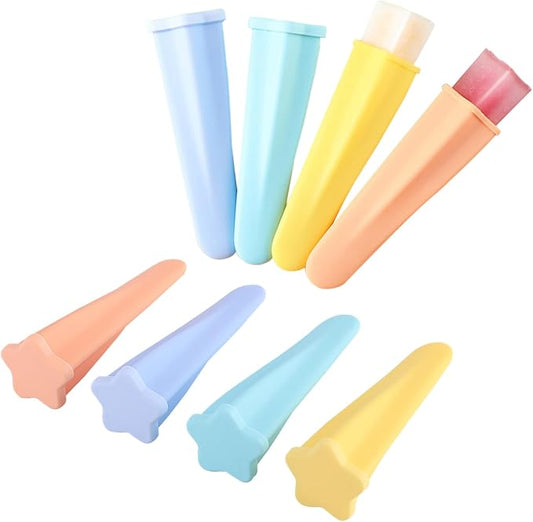 Silicone Ice Pop Molds Popsicles Molds, 8 PCS Reusable Hand Held Popsicles Makers for Kids, Multicolored Star Shaped Ice Pop Molds with Attached Lid for DIY Ice Cream Yogurt Sticks Jelly Chocolate