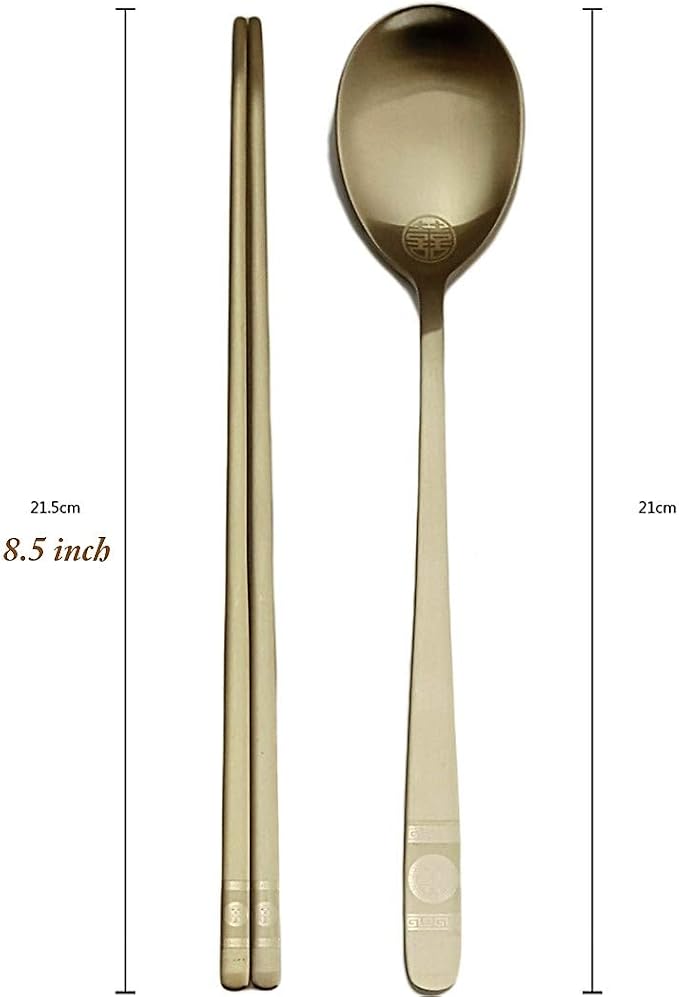 [5 Sets] [Made in Korea] Korean Sticky Rice Spoon Chopsticks Set Gold Titanium Plating 304 Stainless Steel Tableware Cutlery Set Mukbang Chopsticks (Korean Palace Pattern TITANIUM, 5 Sets)