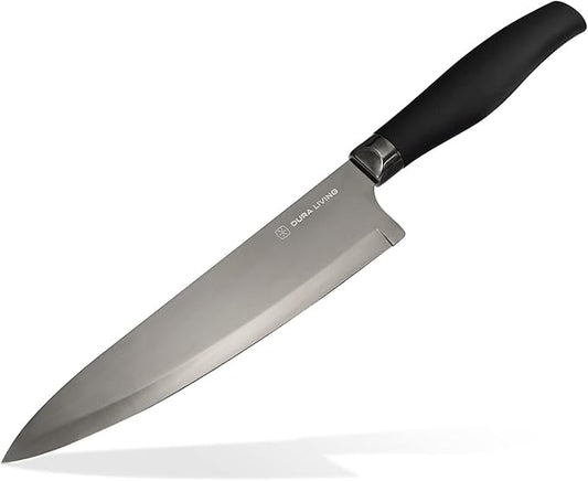 DURA LIVING Chef Knife, 8 Inch Nonstick Titanium Plated Stainless Steel Ultra Sharp Blade, With Ergonomic Comfort Grip Handle Chef's Cooking Knife, With Matching Sheath