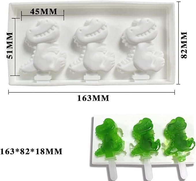 1 Pack Cute Dinosaur Shape Popsicle Molds Silicone Ice Pop Molds 3 Cavities Popsicle Molds for Kids Adults Ice Cream Mold Cakesicles Mould DIY Popsicle Maker Homemade Popsicle Silicone Molds I