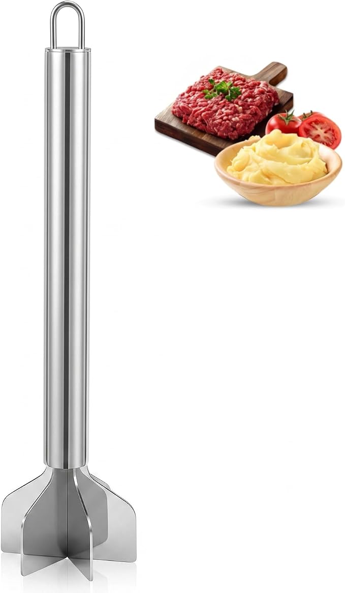Meat Masher Stainless Steel, Heavy Duty Ground Beef Masher, 6-Blademeat Meat Chopper Potato Masher Hamburger Smasher, Dishwasher Safe (L, Stainless steel with hooks)