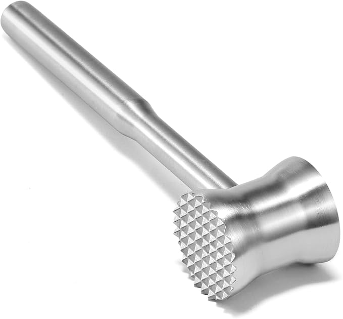 304 Stainless Steel Meat Tenderizer Mallet, Meat Hammer & Chicken Pounder | Well-balanced one-piece design with contoured waist for control, Dual-sided faces, Dishwasher safe, Storage bag, Gift box