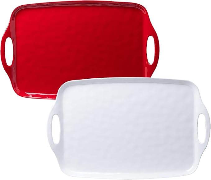 LEHAHA Large Christmas Melamine Serving Tray with Handles, Rectangular Serving Platter, Set of 2, 19''x12'' Turkey/Barbecue/Food/Grilling Prep and ServeTray. Bright White and Christmas Red