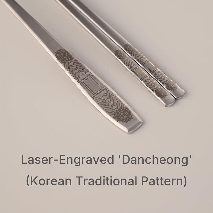 Korean Dancheong Engraved Spoon and Chopsticks Set, 18/10 Stainless Steel | Sujeo gift set for one in Korean inspired box, made in korea