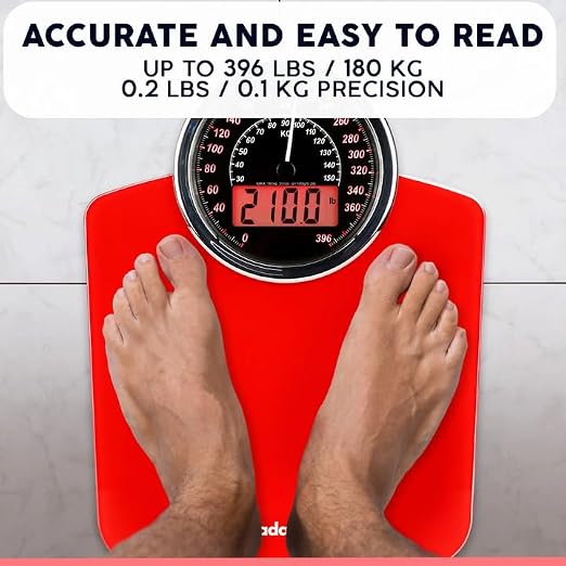Hybrid Bathroom Scale - Analog & Digital Display, Accurate to 400 lbs | See weight on both an analog dial and digital LCD at once. Wide glass platform, 3 AAA batteries included, ready to use.