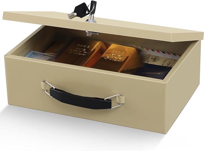 xydled Fireproof Document Box with Key Lock, Fire Safe Box, Sand | Fire and water resistant lock box for documents, passports, cash and valuables, keeping secure at home, 12.8 x 8.5 x 4.5 Inch