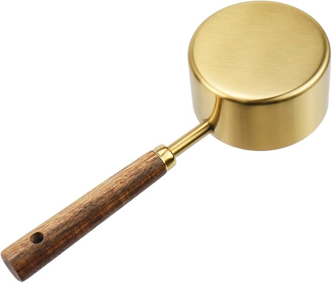 1/2 Cup Stainless Steel Measuring Cup with Wooden Handle, 125ml | Gold Measuring Scoop, 125ml Metal Measuring Spoon, For Baking, Cooking, Wet and Dry Ingredients