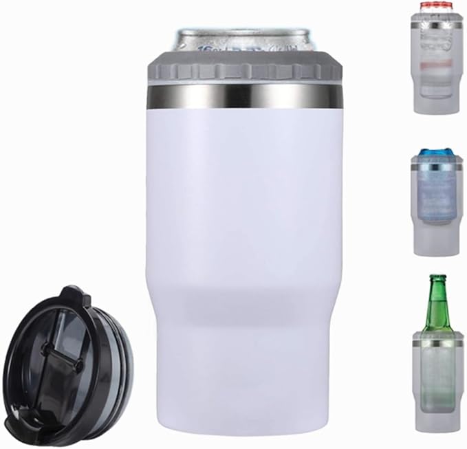14oz 4 in 1 Stainless Steel Can Cooler Beer Bottle Insulator With 2 Lids for 12oz can&bottle, Double walled insulated Thermocooler &Travel Mug Holder Keeping Your Bevearge Cold (White)