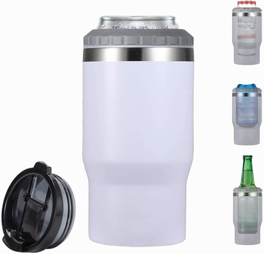 14oz 4 in 1 Stainless Steel Can Cooler Beer Bottle Insulator With 2 Lids for 12oz can&bottle, Double walled insulated Thermocooler &Travel Mug Holder Keeping Your Bevearge Cold (White)
