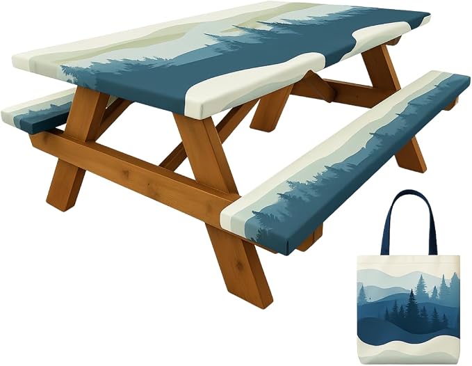 6ft Polyester Picnic Table Cover with Bench Covers Tablecloth Mountain View | Polyester Picnic Table Cover Windproof & Waterproof, Perfect for Camping Gifts & RV Essentials, Cool Camping Gadgets with bag