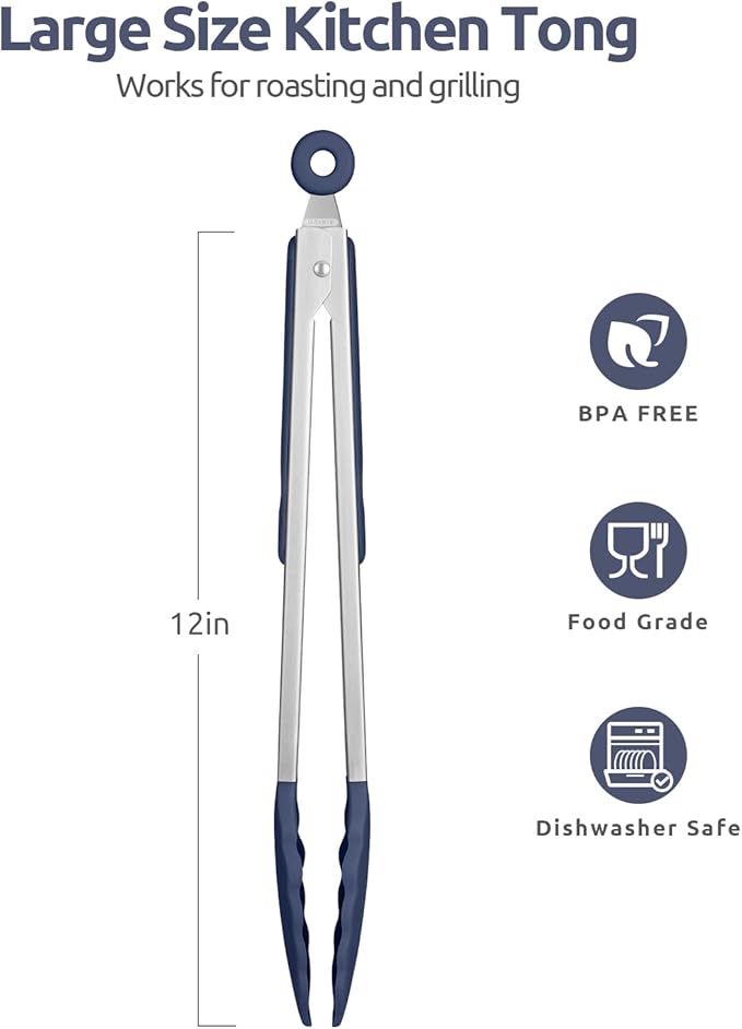 600ºF Heat Resistant Kitchen Tongs: U-Taste 12 inch Large Silicone Cooking Tong with Non Stick Rubber Tips & Silicon Coated 18/8 Stainless Steel Handle & Smooth Lock for Serving Grill (Midnight Blue)