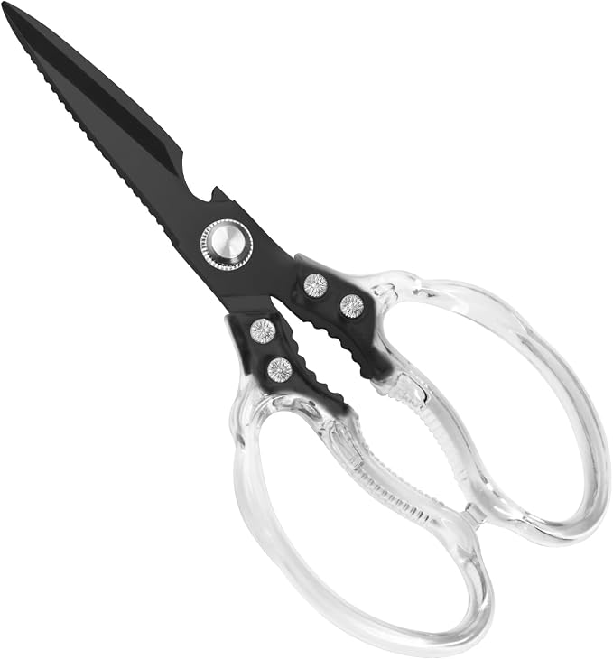 CGBE Kitchen Scissors, Multi-Purpose Kitchen Shears, Heavy Duty Food Scissors for Chicken, Poultry, Fish, Meat & Herbs with Non-Slip Grips (Transparent Black)