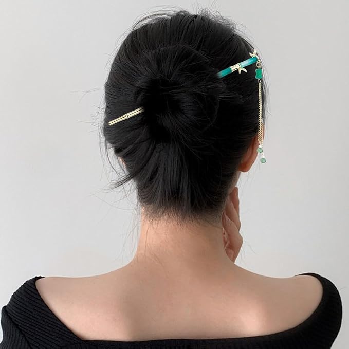 6PCS Chinese Hair Sticks Set, Gold White Japanese Hair Stick with Pearl Flower Bamboo Leaves Design Metal Hair Chopsticks Hair Bun Updo Holders Long Thick Hair Accessories for Women