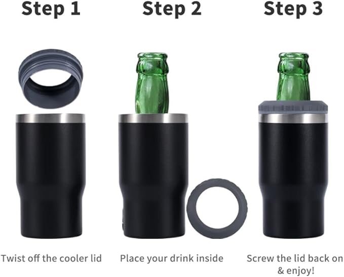 14oz 4 in 1 Stainless Steel Can Cooler Beer Bottle Insulator With 2 Lids for 12oz can&bottle, Double walled insulated Thermocooler &Travel Mug Holder Keeping Your Bevearge Cold (PINK#)