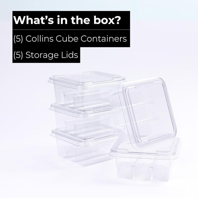 Klaris Collins Ice Cube Storage Containers, 5-Pack with Lids for Freezer | Klaris Collins Cube Storage Containers, Freezer Storage, Stackable Design, Holds 15 Collins Ice Cubes