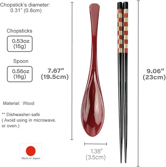 Premium Japanese Chopsticks with Spoon Reusable [ Made in Japan ] Traditional Lacquer Art Wooden Chopsticks (Checker RD(YM2004))