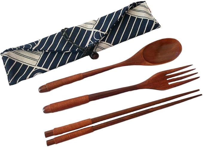 Wooden Cutlery Set Chopsticks Spoon Fork with Tied Line, Bamboo Outdoor Camping Travel Utensils Reusable Tableware Spoon for Eating with Cloth Bag (4 Pack)