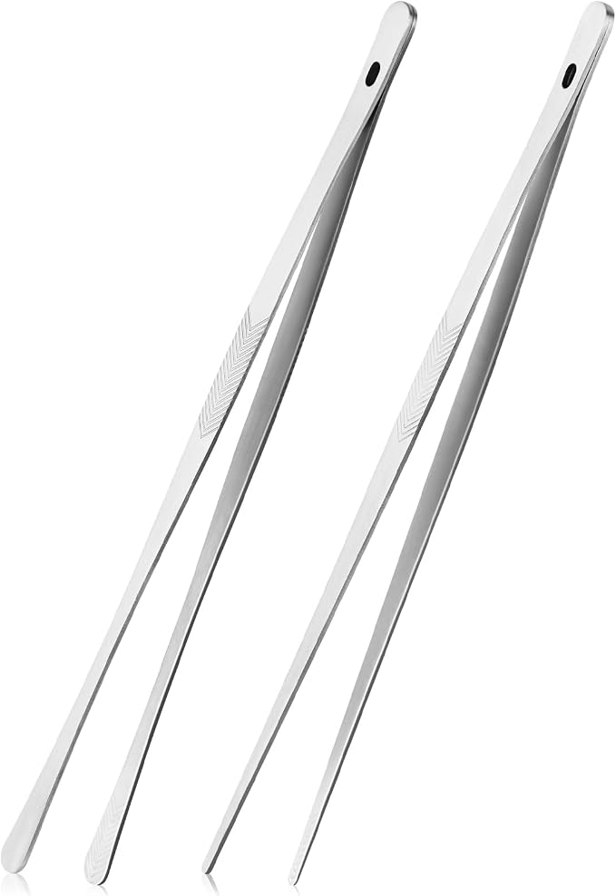 2PCS 12" Stainless Steel Kitchen Tongs Tweezers with Serrated Tips | Precision Grip, Chef Grade, Sturdy Kitchen Utensils, For Serving Food Pasta Salad, Suitable for Grill BBQ Culinary Use