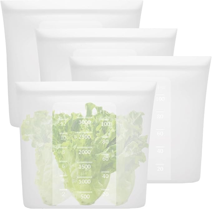 ASelected 4PCS Silicone Bags for Food Storage, 0.8 Gallon/3000ml Stand Up Reusable Freezer Ziploc Bags, Translucent Reusable Sandwich Snack Bag for Freezer, Microwave, Oven, Dishwasher
