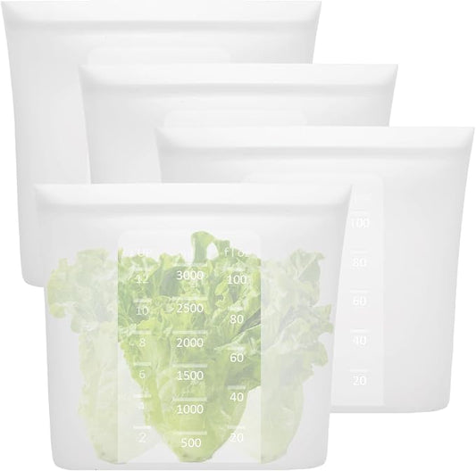 ASelected 4PCS Silicone Bags for Food Storage, 0.8 Gallon/3000ml Stand Up Reusable Freezer Ziploc Bags, Translucent Reusable Sandwich Snack Bag for Freezer, Microwave, Oven, Dishwasher