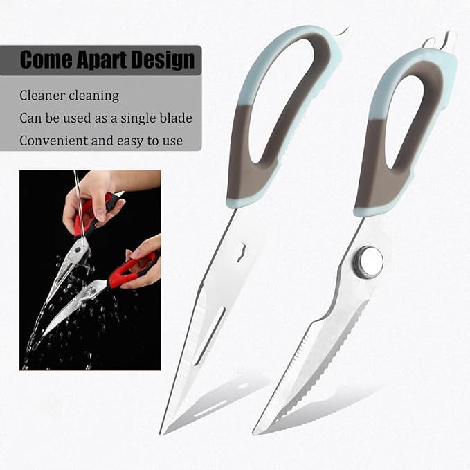 2 Pcs Heavy Duty Kitchen Shears for Food, Come Apart Design, Kitchen Scissors with Magnetic Holder, Stainless Steel Multi-function Food Cooking Magnetic Scissors for Fridge (White and Blue)