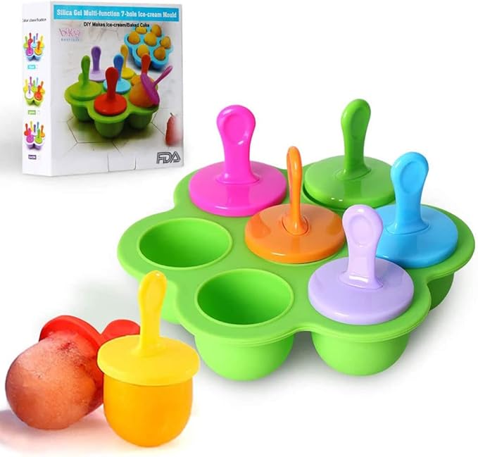 Mini Silicone Popsicle Mold, 7-cavity DIY Ice Pop Mold with Colorful Plastic Sticks, Popsicle Makers for Egg Bites, Lollipop and Ice Cream Mould, Baby Food Storage Container, Non-Stick Ice Cube Trays