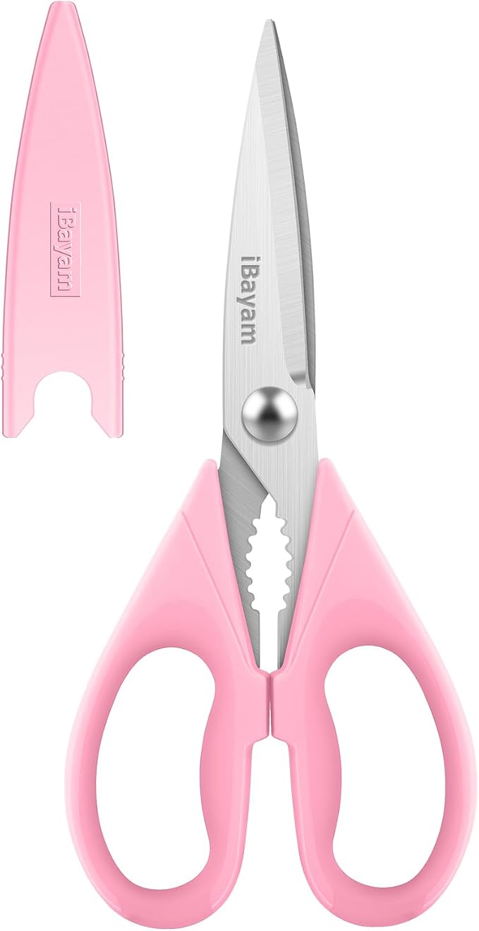 iBayam Pink Kitchen Scissors All Purpose Heavy Duty & Comfort Grip & Cover | Dishwasher Safe, 8.7" Stainless Steel Sharp Scissors Food Poultry, 2-Pack Pink Kitchen Utensils Gadgets for Cooking & Baking