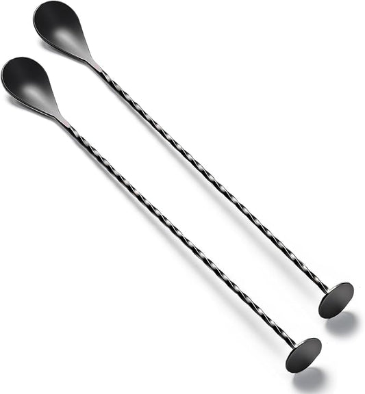 BRIOUT 2 Pcs Bar Spoon, 12 Inches Long Handle Drink Stirrer, Stainless Steel Bar Cocktail Mixing Spoons with Round Base for Stirring, Black