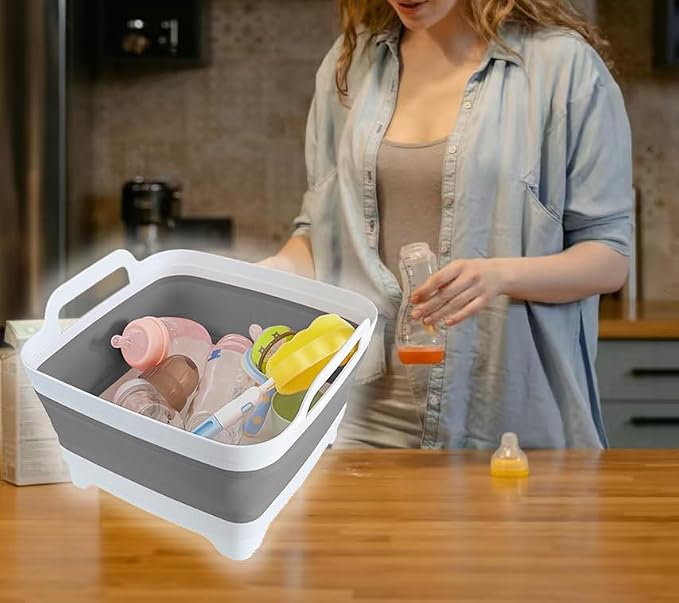 Collapsible Wash Basin with Drain Plug - 2.4 Gallon Foldable Kitchen Sink for Baby Bottles, RV Camping, Space-Saving Dish Tub (Gray) | 2.4 Gal, Collapsible Dish Basin, Drain Plug, Kitchen Sink, Camping, RV, Space-Saving, Narrow Sink, Apartment, Baby Bo...