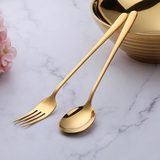 Buyer Star Stainless Steel Korean Chopsticks Spoons and Fork Set, 2 Pack Reusable Forks and Spoons Silverware Korean Utensil Set, Portable Utensils Dinnerware for Home (Gold)