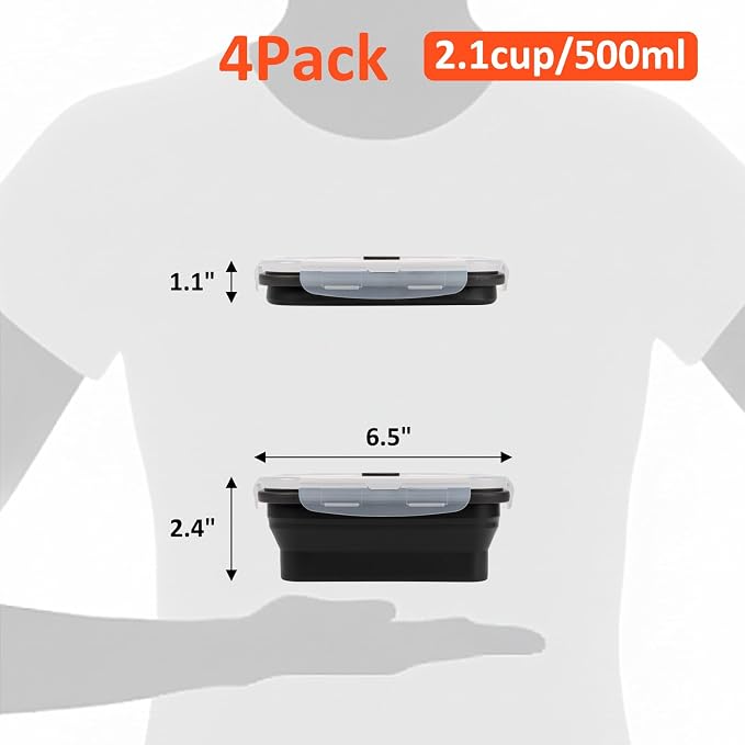 Collapsible Silicone Food Storage Containers Set with Lid & Air Vent,Foldable Lunch Containers(4PCS,Black,17oz)