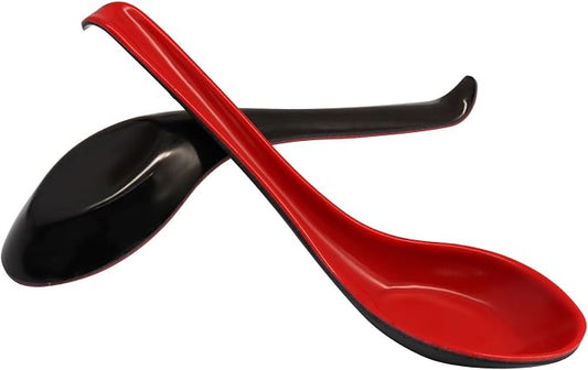 2 Pcs Soup Spoons Long Handle with Hook | Asian Soup Spoons, For Chinese Japanese Dishes, Miso Ramen Dumpling Pho Rice Noodle & Soba Soup, Black and Red