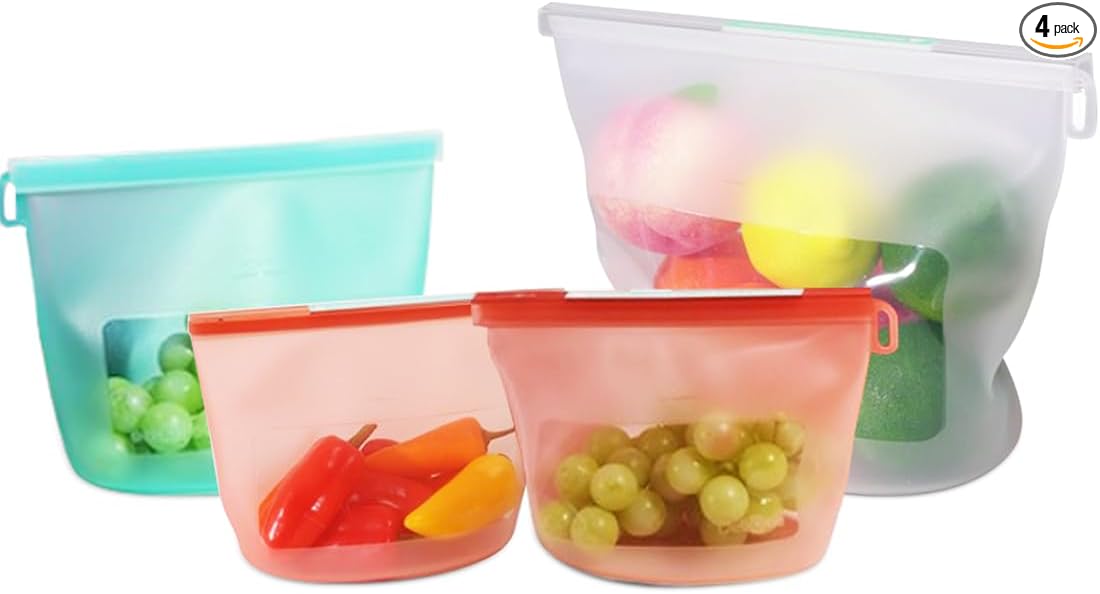 Reusable Silicone Food Storage Bags 4Pack with 2 Sandwich, 1 Lunch, and 1 Half-Gallon Bags, Multiuse Pouches Stand Up Zip Container for Soup and Leftovers, Microwave, Dishwasher, Oven and Freezer Safe
