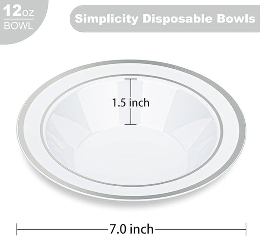 BESTVIP 200 Pack Plastic Bowls with Silver Rim, 12 oz Disposable Soup Bowls, Heavy-duty Dessert Fruit Bowl for Party, Wedding, Christmas, Thanksgiving, Dinner Catering