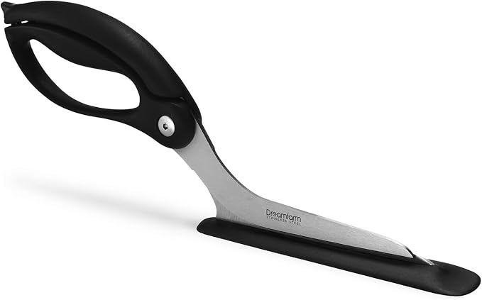 Dreamfarm Scizza 2-In-1 Easy Ergonomic Pizza Scissors with Stainless Steel Pizza Cutter Blades & Non-Stick Slice Server - Black | Cuts and serves pizza with non-scratch, heat resistant serving base, spring-loaded German stainless steel blades