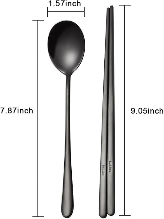 Buyer Star 4 Set Spoon Chopsticks, Black Reusable Metal Stainless Steel Korean Chopstix Spoon Set