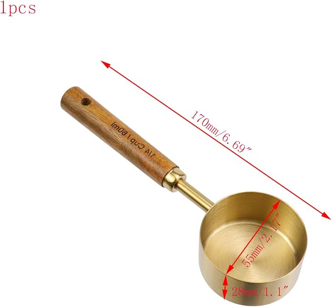 1/4 Cup Stainless Steel Measuring Cup with Wooden Handle, 60ml | Gold Measuring Scoop, 125ml Metal Measuring Spoon, For Baking, Cooking, Wet and Dry Ingredients