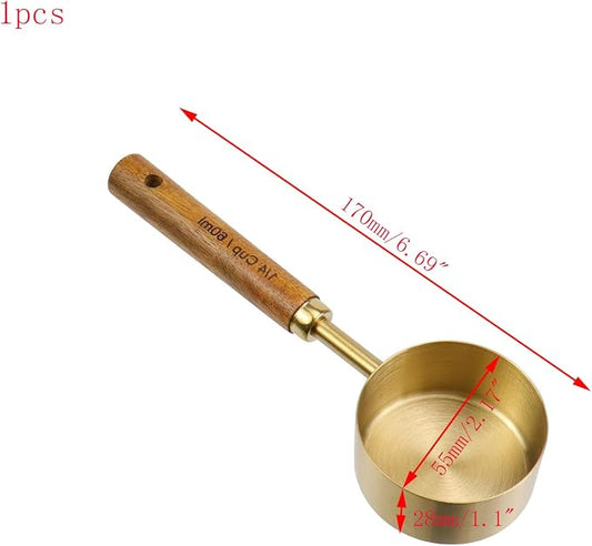 1/4 Cup Stainless Steel Measuring Cup with Wooden Handle, 60ml | Gold Measuring Scoop, 125ml Metal Measuring Spoon, For Baking, Cooking, Wet and Dry Ingredients