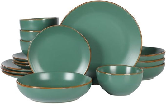 Gibson Home Hazeltine 16-Piece Green Stoneware Dinnerware Set – Plates and Bowls, Durable Ceramic Kitchen Dinner Set