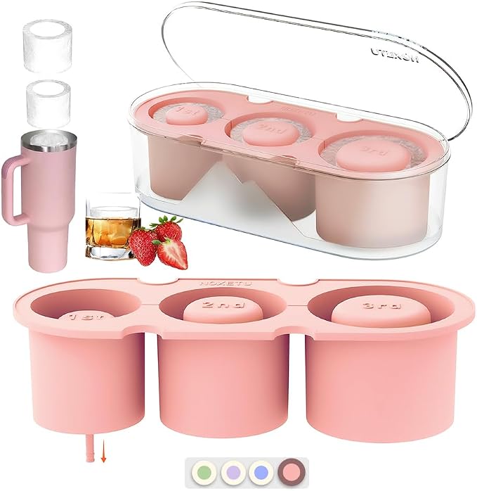 Silicone Ice Mold for Stanley Cup 30 40oz, Tumbler Ice Maker | Easy Fill and Release Without Touching Ice, Ice Cube Tray with Clear Lid and Bin for Freezer, Whiskey, Cocktail (Pink)